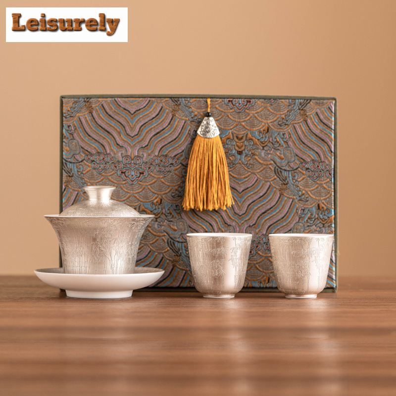 Korean Tea Set - Luxus 999 vergoldet Silber grün Bambus