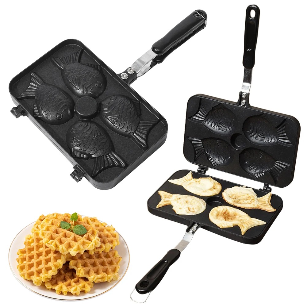 Tteokbokki Rice Cake - Japanisches Taiyaki-Waffeleisen, Doppelfischförmige Dessert-Kuchenform, Küchen-Pfannkuchen-Bratpfanne, Waffelformen